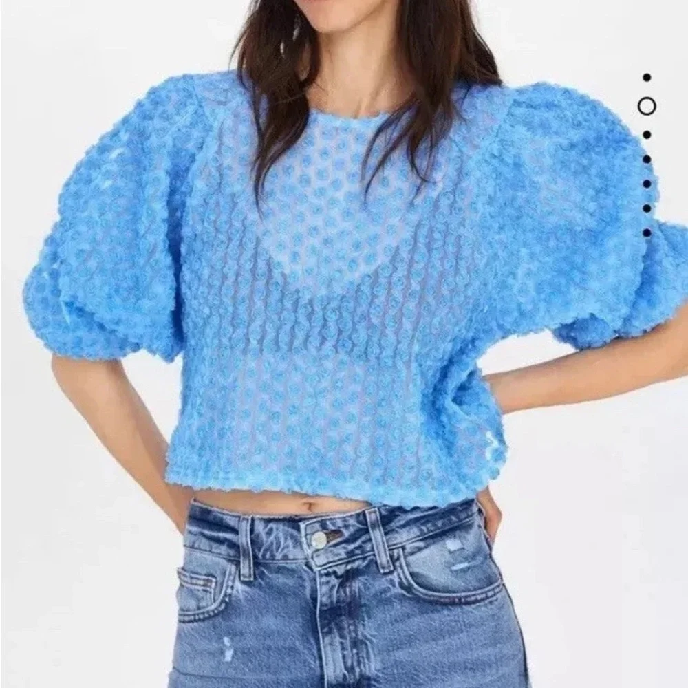 ZARA Sky Blue Textured Puff Sleeve Crop Top Cottagecore Romantic Boho Blouse M